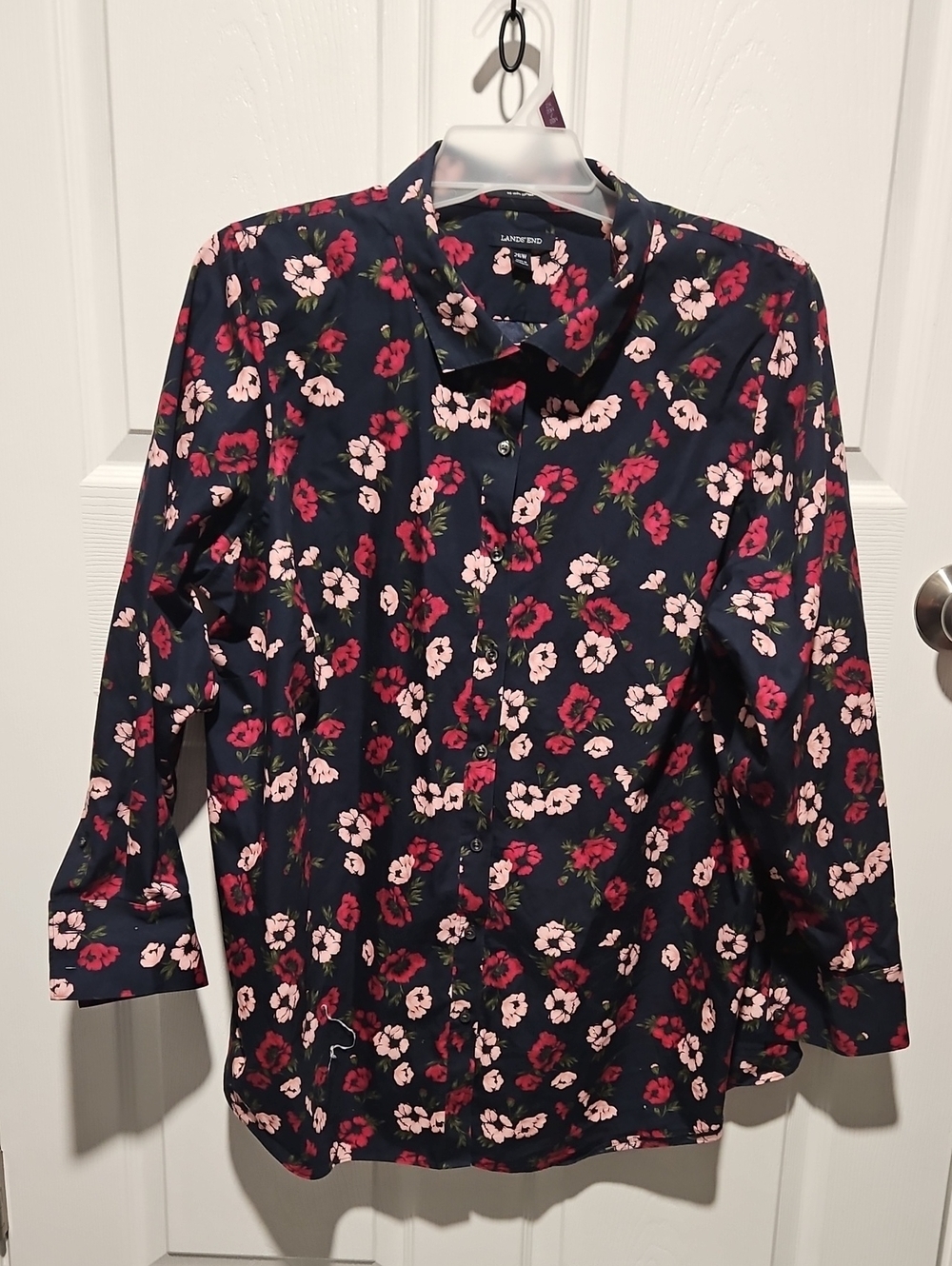 Lands' End Navy Floral Button-Down Shirt with Pink & Red Blooms
